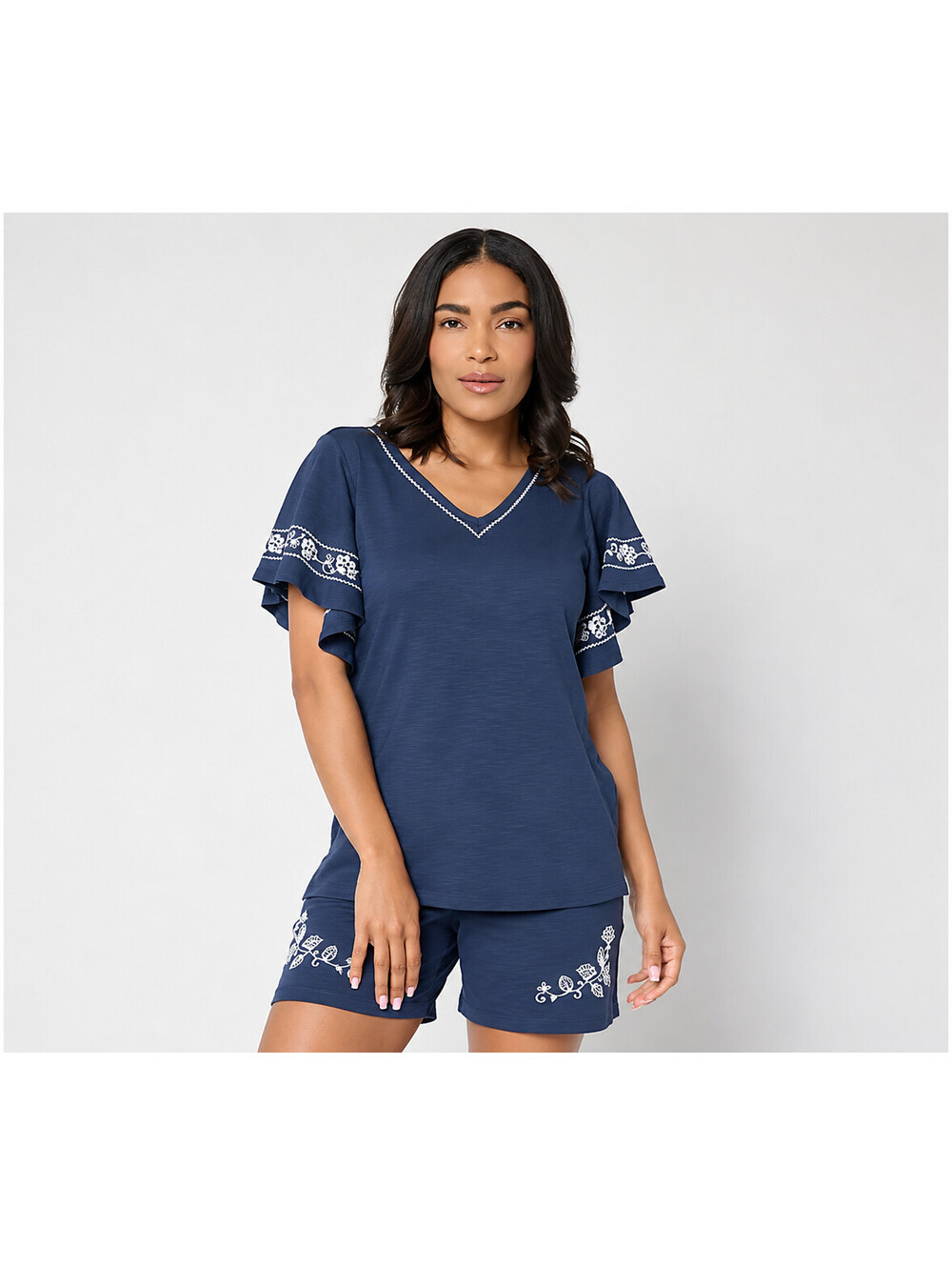 Belle by Kim Gravel Slub Knit Al Fresco Embroidered Top Seaside Navy, X-Large